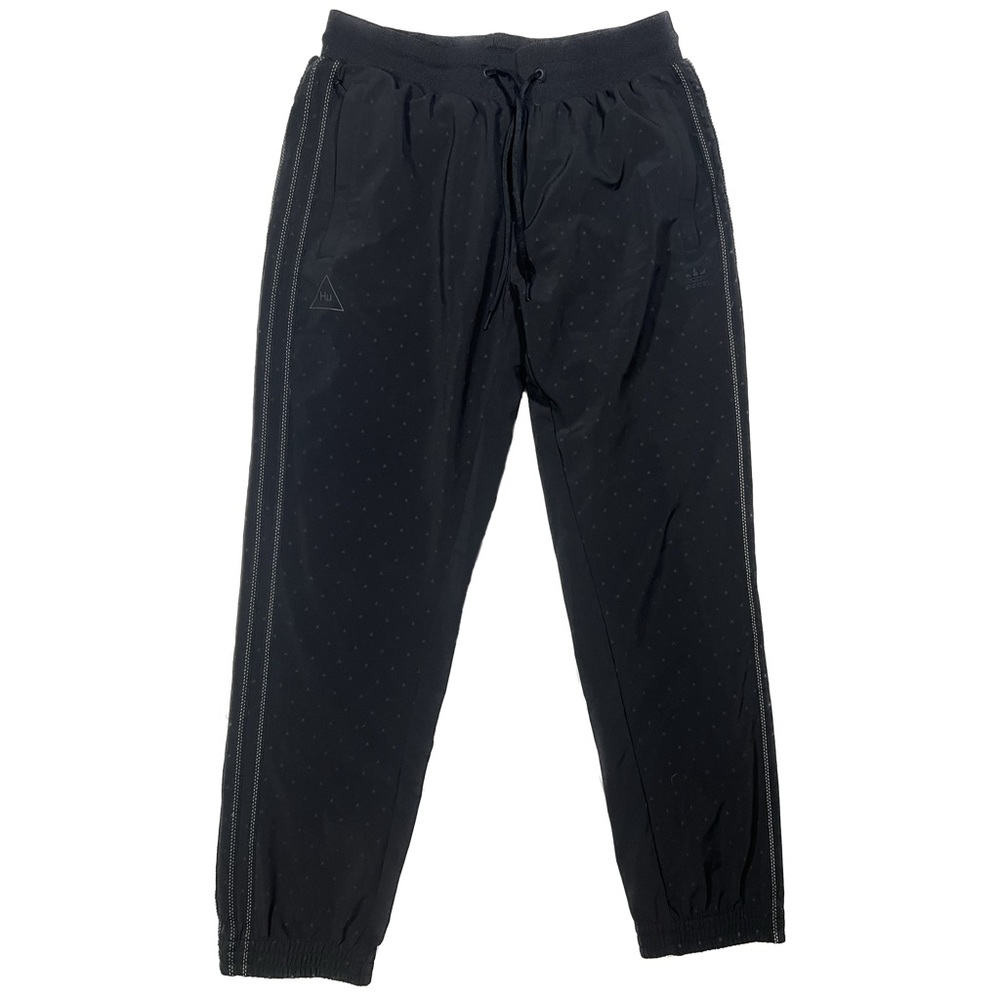 Adidas black joggers with grey triangles and reflective stitching